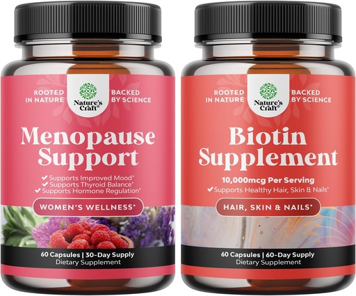 [BRSW2H36B57GCE3F] Bundle of Herbal Menopause Supplement for Women and 10000 mcg Pure Biotin Pills for Women & Men - Perfect for Estrogen Balance - Stop Hair Loss Thinning Natural Supplement