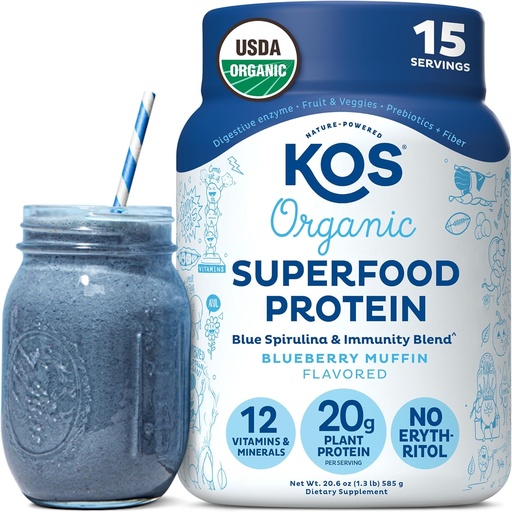 [BRSWYADYOJ7WCG3F] KOS Plant Based Protein Powder, Blueberry Muffin - Organic Pea Protein Superfood mit Spirulina und Immune Support Blend. Soy, Gluten, Dairy Free - Vegan Meal Ersatz für Damen und Herren - 15 Servierungen