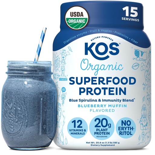 [BRSWYADYOJ7WCG3F] KOS Plant Based Protein Powder, Blueberry Muffin - Organic Pea Protein Superfood with Spirulina and Immune Support Blend. Soy, Gluten, Dairy Free - Vegan Meal Replacement for Women & Men - 15 Servings