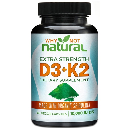 [BRSWGZQOC4FRU3T3] Why Not Natural Vitamin D3 K2 (MK-7) with Organic Spirulina, 10000 IU Extra Strength Supplement in Veggie Capsules, Supports Bone Health, Immune System and Mood