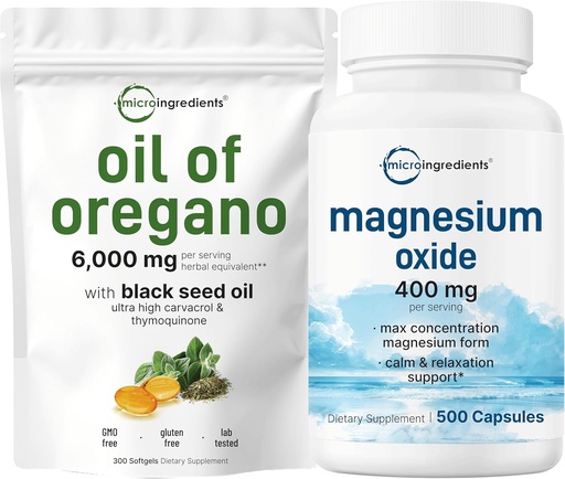 [BRSRABQ3BMJWA2Q6] Micro Ingredients Oil of Oregano Softgels 6,000mg Per Serving & Magnesium Oxide 400mg Bundle Pack | 4X Strength Carvacrol & Thymoquinon | Elemental Form for Max Concentration