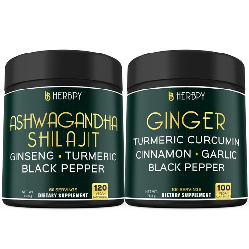 [BRSRA2YPAUGQ2AL7] Herbpy Bundle 5in1 Ashwagandha Shilajit & 5in1 Ginger Supplement - Support Heart, Digestion Health and Immune