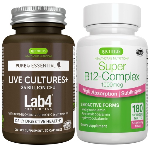 [BRSRAZQ3OAMBACA7] Live Cultures+ Lab4 Probiotics + Super B12-Complex, Vegan Bundle, 25 Billion CFU Lactobacillus Acidophilus and Bifidobacterium + High Absorption Sublingual B12, by Igennus