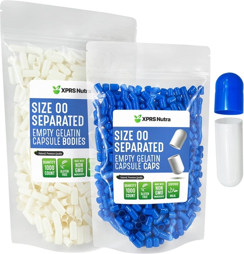 [BRSW2ZY7OYDQMFL7] XPRS Nutra Separated Capsules Size 00-1000 Count Empty Gelatin Capsules Separated in Bags - Premium Empty 00 Pills for DIY Supplement Filling (Blue/White)