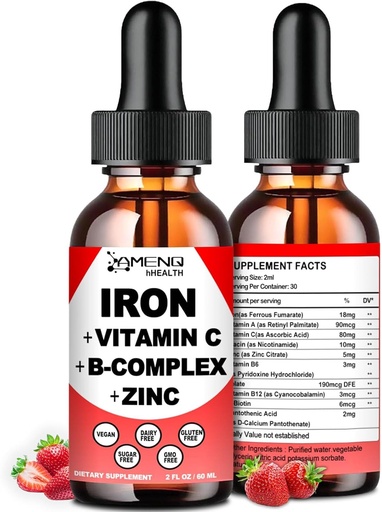 [BRSROBINDIGWKD3P] Suplemento líquido de hierro w / Vitamin C, A, B-Complex, Vegan Iron gota de alta potencia Vitamina líquida " Suplementos de hierro para mujeres, hombres " niños -Apoyo Celda de sangre roja, energía, anemia " fatiga