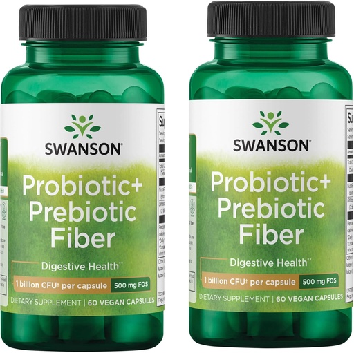 [BRSRMEIEC4HBUAA3] Swanson Prebiotic + Probiotic Fiber - Natural Supplement Promoting Digestive System & Immune Health Support - Aids Regularity & GI Tract Health - (60 Capsules, 500 Million CFU Each) (2 Pack)