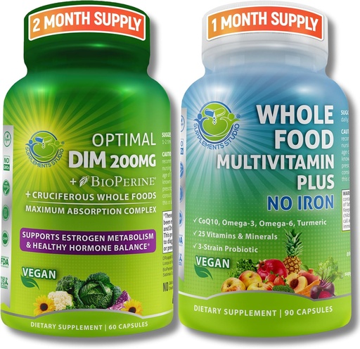 [BRSRMFALA4IRUCL7] Vegan Multi-system Support with CoQ10, Omega-3, Probiotics & Turmeric - Optimal DIM 200mg with BioPerine & Cruciferous Vegetables & Whole Food Multivitamin Plus (No Iron) for Men & Women – Clean Label