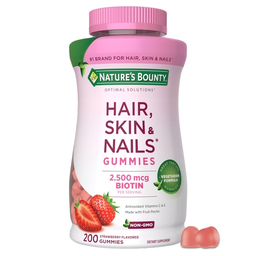 [BRSRAGAOOEFRYF3H] Nature's Bounty Optimal Solutions Hair, Skin and Nails Pectin Gummies, 2500 mcg Biotin Per Serving, No Stick Gummy, Vegetarian Formula, Strawberry Flavor, 200 count, 100 Total Servings