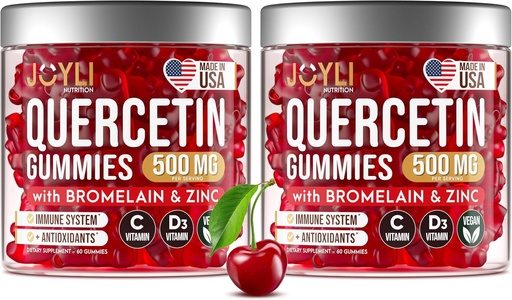 [BRSRAHD6CJ5WED3K] 2 Pack - JOYLI Quercetin Gummies koos Bromelain, Tsink, Vitamiin C & D3 - Suhkruvaba Quercetin toidulisand immuunsuse toetamiseks ja hooajaline heaolu - 500 mg Quercetin lastele ja täiskasvanutele - 60 Gummies ühe pakendi kohta