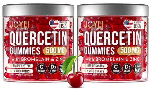 [BRSRAHD6CJ5WED3K] 2 Pack - JOYLI Quercetin Gummies with Bromelain, Zinc, Vitamin C & D3 – Sugar-Free Quercetin Supplement for Immune Support & Seasonal Wellness – 500mg Quercetin for Kids & Adults – 60 Gummies per Pack