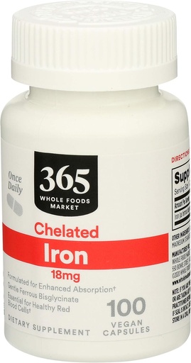 [BRSRAGT7BEMB633U] 365 by Whole Foods Market, Iron Chelated 18Mg, 100 Veg Capsules (Pack of 2)