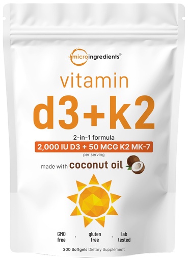 [BRSROBA5A4FQYDQY] Micro Ingredients Vitamin D3 2,000 IU + K2 MK-7 50 mcg, 300 Softgels | Virgin Coconut Oil | 2-in-1 Support | Easy to Swallow, Non-GMO