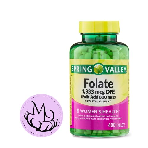 [BRSRAYAYOV4BSHTH] Generic Spring Valley Folate 1,333 mcg DFE, Folic Acid 800 mcg, 400 Tablets - Dietary Supplement, Women's Health Boost, Metabolism & Heart Support - Bundle with+ Sticker Dri Store