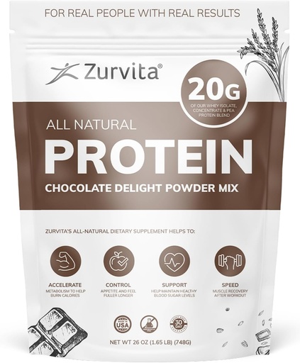 [BRSW2FD6DMCB4AIU] Zurvita - Chocolate Delight Protein Powder - 20g Protein, Probiotics, 24+ Vitamins and Minerals - No Artificial Sweeteners - 26oz (20 Servings)