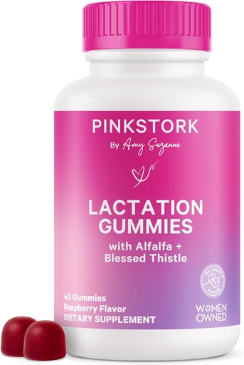 [BRSRMYD3C4HQKHTV] Pink Stork Lactation Supplements Gummies - Поддержка поставок грудного молока с расторопши, люцерны, витамина D и B12, послеродовое восстановление, грудное вскармливание - малина, 40 граф