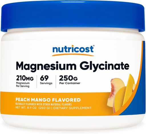 [BRSRMFI7BYAQO3TD] Nutricost magnio glicinato milteliai (Peach Mango, 250 Grams) - magnio glicinatas (bisglicinato pavidalu)