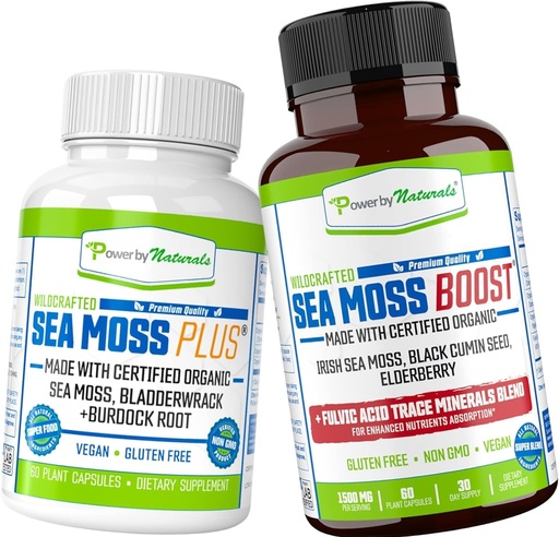 [BRSW2AA6PMAQ42AZ] Power By Naturals Certified Organic Sea Moss Capsules Bundle (SeaMoss Plus & Sea Moss Boost) - wildcrafted, Non GMO sea Moss raw Organic - 60 Gluten-Free seamoss Pills