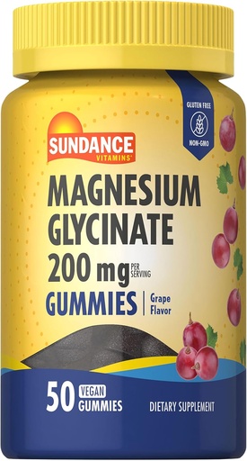 [BRSROHA2O4JR6YL3] Sundance Magnesium Glycinate Gummies | 200mg | 50 Count | Grape Flavor | Vegan, Non-GMO, and Gluten Free Supplement