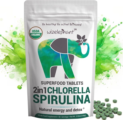 [BRSWKFIRAYNRYH32] Organic Spirulina Chlorella Tablets - 50 Servings - 2-in-1 Superfood Algae Dodatek pro přírodní imunitní podporu, Detox a Energy Boost. Zlomená buněčná zeď. Organický chlorofyl. Espirulina