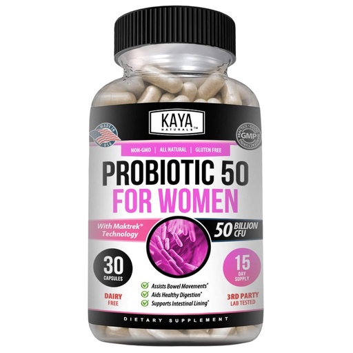 [BRSRMFIYBANAK3A6] Kaya Naturals Probiotic 50 Billion CFU - Probiotics for Women, Probiotics for Men and Adults, Natural - Gut Health & Immune Support Supplement - Provides Digestive Support - 30 Vegetable Capsules