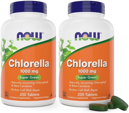[BRSWYZD2AACB62TD] Now Chlorella 1000mg Tablets - 200 Count (Pack of 2) - Natural Occurring Chlorophyll, Beta-Carotene - Non-GMO, Vegan - Green Super Food Supplement for Women and Men