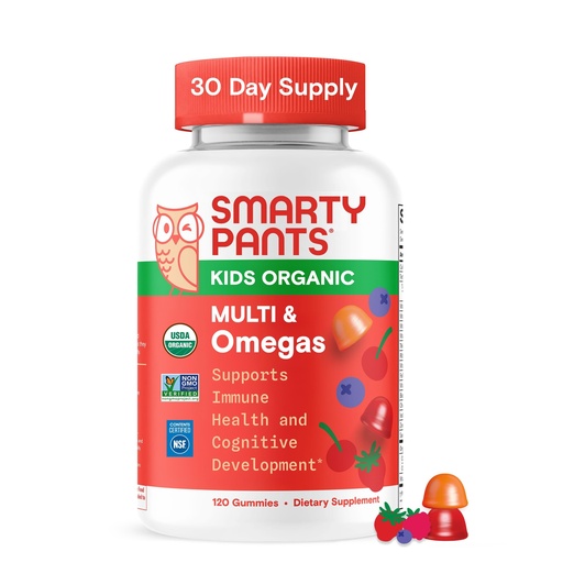 [BRSWGAYDA4FBA2D7] SmartyPants Organic Kids Multivitamin Gummies: Omega 3 (ALA), Vitamin D3, C, Vitamin B12, B6, A, K & Zinc for Immune Support, Biotin, Vegetarian, Three Fruit Flavors, 120 Count (30 Day Supply)