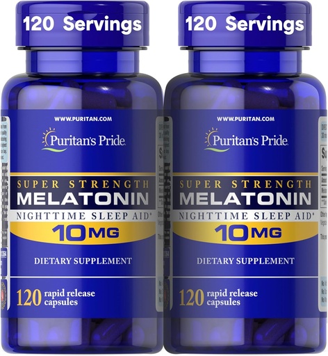 [BRSWIGLRBBYGO3TE] Puritan Pride Premium Super Strength Melatonin 10mg Sleep Aid, Integratore alimentare per il Suono, Riposante, & Longer Sleep Support, 4 mesi di fornitura, 120 capsule di rilascio rapido, 2 Pack (Packaging May Vary)