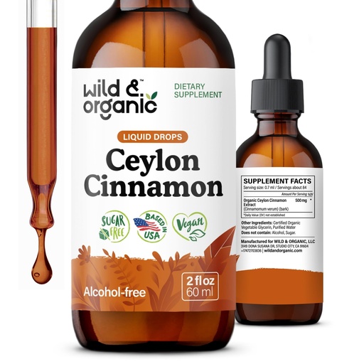 [BRSRAGQEAQGRU3LJ] Wild & Organic Ceylon Cinnamon Supplements 500mg - Antioxidant Support - Cinnamon Extract Liquid Drops - Add to Tea Tincture - Cinnamomum Verum Bark - Unflavored, Sugar & Alcohol-Free - 2 fl oz
