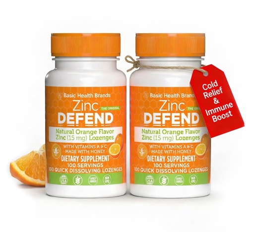[BRSWY237PMHRAYDD] Basic Brands – Zinc Orange Defend - 100 Lozenges - Natural Orange Flavor Zinc–Lozenges - Immune Boost, Cold Relief, Non-GMO, Zinc Acetate & Vitamin C - 2-Pack