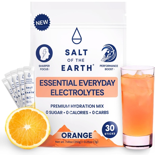 [BRSRAZYPCJ5BOYI6] Salt of the Earth Premium Zero-Sugar Electrolyte - Made with Pink Himalayan Salt - Hydration Powder Packets | Premium Ingredients | Keto & Paleo Friendly | 30 Sticks, Orange