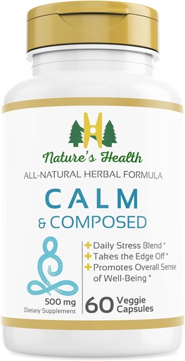 [BRSWKFYRCACWYALO] Nature's Health Calm and Composed – Valerian Root and Passion Flower Formula – Daily Stress Relief – Relaxation Supplement – 1000 mg per Serving – 60 Vegetarian Capsules