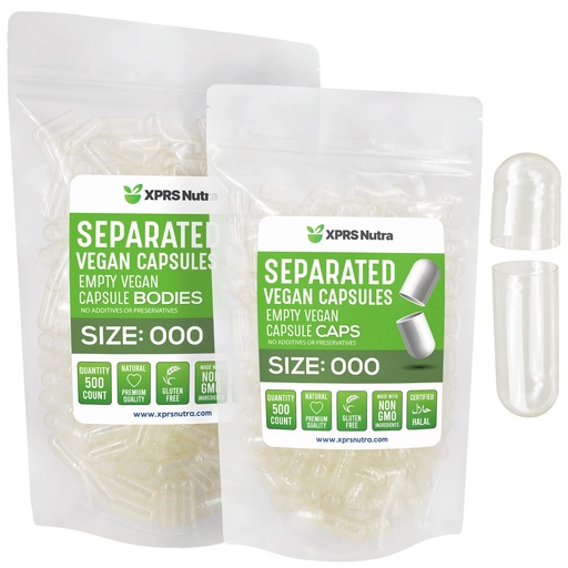 [BRSRMGQ5CUMAMFD3] XPRS Nutra Vegan Size 000 Separated Capsules- 500 Count Premium Empty Caps Separated in Bags - Clear Empty Capsules - 000 Pills for DIY Supplement Filling