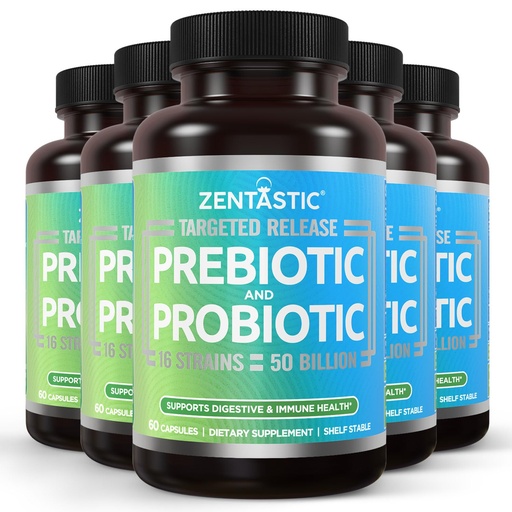 [BRSRM232C4PGKYI3] Zentastic Probiotics & Prebiotics Supplement - 50 Billion CFU - for Men & Women’s Immune & Digestive Health - 16 Strains - Shelf Stable - 300 Delayed Release Veggie Capsules