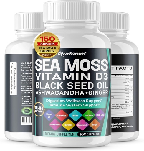 [BRSRAEDROYCBUFYV] Sea Moss Black Seed Oil - All-in-1 Supplement with Vitamin C Vitamin D3 Ashwagandha Burdock Bladderwrack Ginger Apple Cider Vinegar Dandelion Yellow Dock