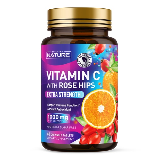 [BRSRAEI6CUJWGH3B] Built by Nature Chewable Vitamin C with Rose HIPS - 1000mg Immune Support Supplement - Non-GMO, Gluten-Free, Vegan - Powerful Antioxidant for Energy & Collagen Boost - Orange Flavor – 60 Tablets