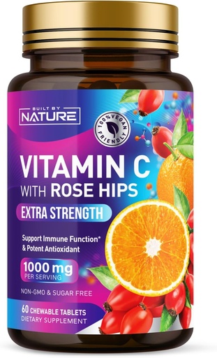 [BRSRAEI6CUJWGH3B] Built by Nature Chewable Vitamin C with Rose HIPS - 1000mg Immune Support supplement - Non-GMO, Gluten-Free, Vegan - Powerful Antioxidant for Energy &quot; Collagen Boost - Orange Flavor – 60 Tablets