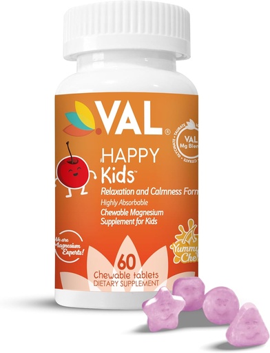 [BRSRAYAZOV7RO3TH] VAL Magnesium for Kids | High-Absorption Magnesium for Calm, Relaxation & Focus | Mg Glycinate, Citrate & Taurate | with Vitamin B6, D & C | Sugar-Free, Non-GMO | 60 Chewable Tablets