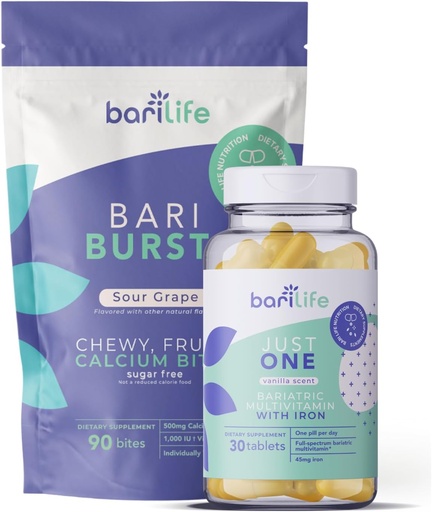 [BRSROCQ5DEBRUYD4] Bari Life Just One, Once Daily Bariatric Multivitamin with Iron (30 Tablets) and BariBurst Calcium Citrate Soft Chews for Gastric Bypass, Gastric Sleeve and Duodenal Switch (Sour Grape)