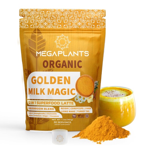[BRSROATRAEPGEDT6] MEGAPLANTS Golden Milk Magic | 12 in 1 Superfood Latte Powder with Adaptogenic Mushrooms for Sleep Support & Relaxation | Turmeric & Ashwagandha | Smoothies, Lattes, Bowls & Desserts