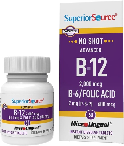 [BRSWIEL5OAAW2FY7] Superior Source NO Shot Advanced B-12 2,000 mcg B-6 / Folic Acid 600 mcg - Folic Acid for Women & Men - B Vitamins Supplement Supports Energy & Cell Health - 60 Sublingual Dissolving Tablets