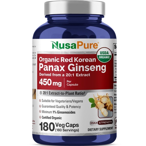 [BRSROBL2O4BQEDI4] NusaPure Red Korean Panax Ginseng Capsules, 450 mg, 180 Veg Capsules (Non-GMO, USDA, Vegan)