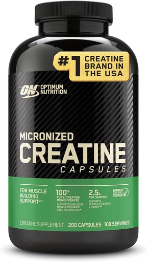 [BRSWIYANDIAA4HTO] Optimum Nutrition Micronized Creatine Monohydraattikapselit, Keto Friendly, 2500mg, 200 kapselia (Pakkaus toukokuussa Vary)