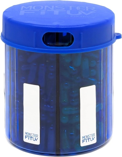 [BRSRAFT6DEPWED3O] Monster Jr Supplement Pill Dispenser with Labels - Holds Small Medium Medication Vitamins and Easily Dispense from One Container Includes Compartment Labels (Monster Jr Blue UV - 1 Pack)