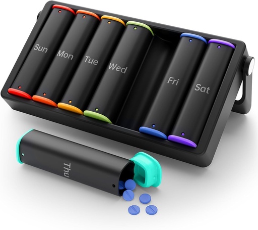 [BRSRMCT5OYMGOHLD] Weekly Pill Organizer 2 Times a Day, KOVIUU Large Travel Pill Box 7 Day, Am Pm Twice Daily Pill Case with Rotatable Handle, Week Pill Holder Container for Vitamin Medicine Supplement Fish Oil, Black