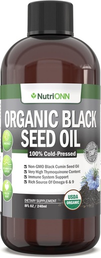 [BRSW2GA6BABAM2YY] Organic Black Seed Oil - USDA Sertifikalı Organic Black Cumin Seed Oil Liquid - High Thymoquinone Content - Qeyri-GMO və Cold-Pressed - Omega-6 & Omega-9 Fatty Acids Rich Source - 8 Oz