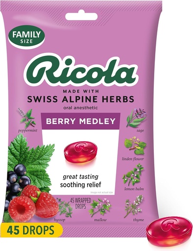 [BRSRMY3YA4NA4FL4] Ricola Berry Medley Throat Drops, 45 Count, Delicious Throat Relief & Care, Oral Anesthetic, Naturally Flavored