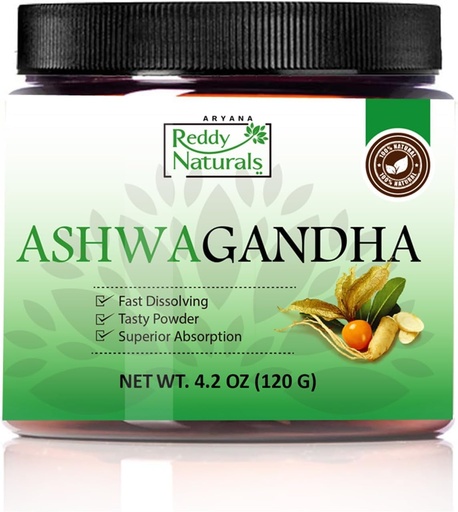 [BRSROFDQB4JQEGTL] Reddy Naturals Aryana Pure Organic Ashwagandha Powder - High-Potency Root Extract with 10% Withanolides - Natural Orange Flavor for Stress & Energy Support - 4.2 OZ (120g)