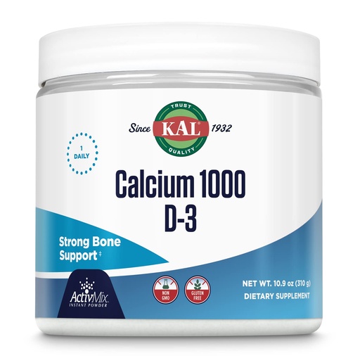 [BRSWIYQZBQOBKG3M] KAL Calcium Vitamin D-3 ActivMix, Powder Calcium Supplement, Bioavailable Calcium Lactate and Gluconate, Bone Health Support, Unflavored, Non-GMO, Gluten Free, 60-Day Guarantee, 31 Servings, 10.9 oz
