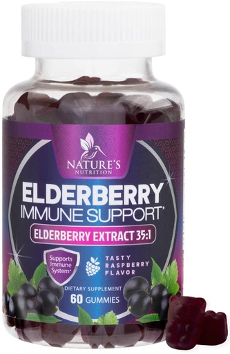 [BRSWYYIYCN6WM3Y3] Elderberry Immune Support Gummies - Elderberry Extract Sambucus Nigra - Black Elder Berry Vitamin Supplement - Natural, Daily Immune Support Kids & Adults Love - Delicious Berry Flavor - 60 Gummies