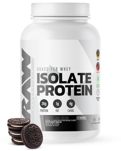 [BRSW2BT6O4NRY33U] RAW Whey Isolate Protein Powder, Cookies N Cream - 100% Grass-Fed Sports Nutrition Protein Powder for Muscle Growth & Recovery - Low-Fat, Low Carb, Naturally Flavored & Sweetened - 25 Servings